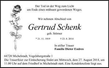 Traueranzeige von Gertrud Schenk von Odenwälder Echo