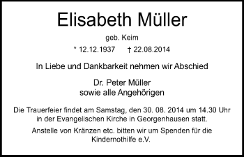 Traueranzeige von Elisabeth Müller von Darmstädter Echo, Odenwälder Echo, Rüsselsheimer Echo, Groß-Gerauer-Echo, Ried Echo
