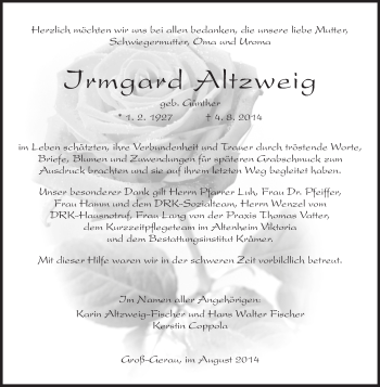 Traueranzeige von Irmgard Altzweig von Rüsselsheimer Echo, Groß-Gerauer-Echo, Ried Echo