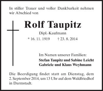 Traueranzeige von Rolf Taupitz von Echo-Zeitungen (Gesamtausgabe)