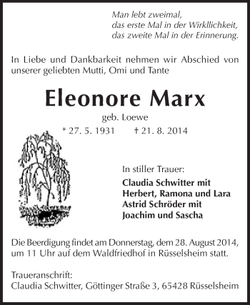 Traueranzeige von Eleonore Marx von Rüsselsheimer Echo, Groß-Gerauer-Echo, Ried Echo