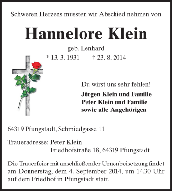 Traueranzeige von Hannelore Klein von Echo-Zeitungen (Gesamtausgabe)