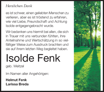 Traueranzeige von Isolde Fenk von Echo-Zeitungen (Gesamtausgabe)