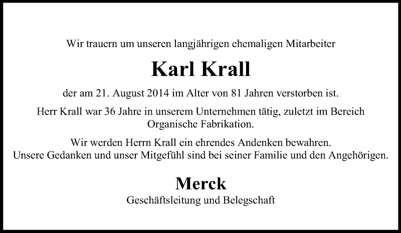  Traueranzeige für Karl Krall vom 27.08.2014 aus Echo-Zeitungen (Gesamtausgabe)