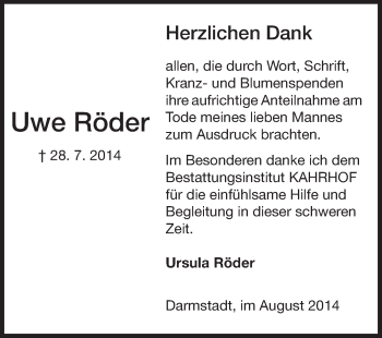 Traueranzeige von Uwe Röder von Echo-Zeitungen (Gesamtausgabe)
