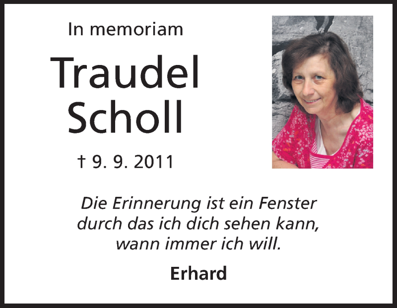  Traueranzeige für Traudel Scholl vom 09.09.2014 aus Odenwälder Echo