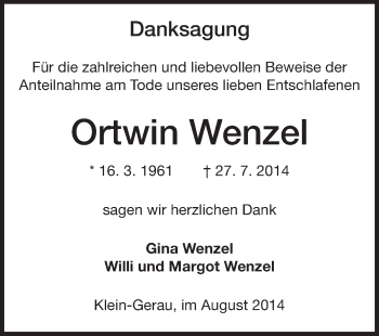Traueranzeige von Ortwin Wenzel von Rüsselsheimer Echo, Groß-Gerauer-Echo, Ried Echo