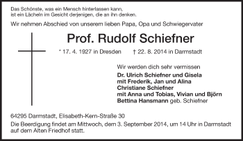 Traueranzeige von Rudolf Schiefner von Echo-Zeitungen (Gesamtausgabe)