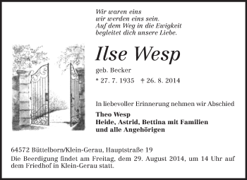 Traueranzeige von Ilse Wesp von Rüsselsheimer Echo, Groß-Gerauer-Echo, Ried Echo