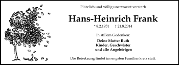 Traueranzeige von Hans-Heinrich Frank von Echo-Zeitungen (Gesamtausgabe)
