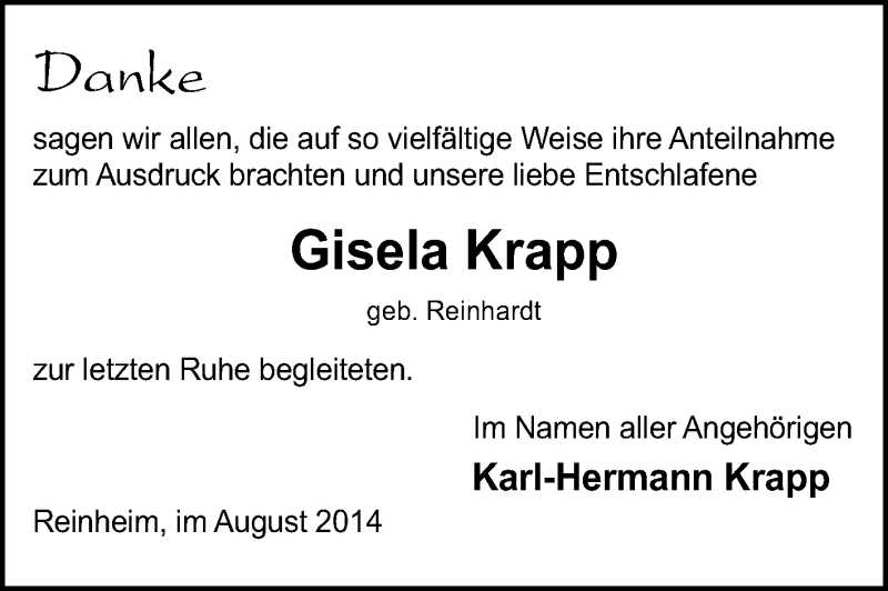  Traueranzeige für Gisela Krapp vom 30.08.2014 aus Darmstädter Echo, Odenwälder Echo, Rüsselsheimer Echo, Groß-Gerauer-Echo, Ried Echo