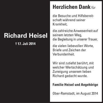 Traueranzeige von Richard Heisel von Echo-Zeitungen (Gesamtausgabe)