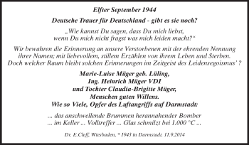 Traueranzeige von In Erinnerung des Luftangriffs auf Darmstadt von Echo-Zeitungen (Gesamtausgabe)