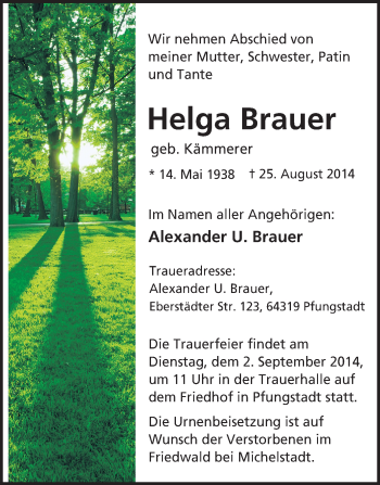 Traueranzeige von Helga Brauer von Echo-Zeitungen (Gesamtausgabe)