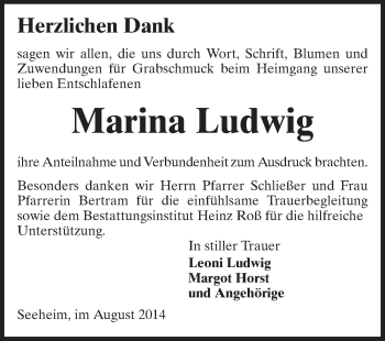 Traueranzeige von Marina Ludwig von Echo-Zeitungen (Gesamtausgabe)