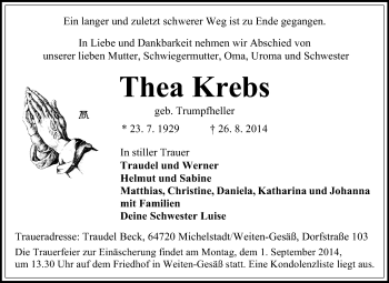 Traueranzeige von Thea Krebs von Odenwälder Echo