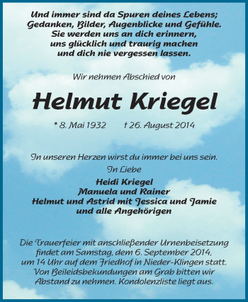 Traueranzeige von Helmut Kriegel von Echo-Zeitungen (Gesamtausgabe)