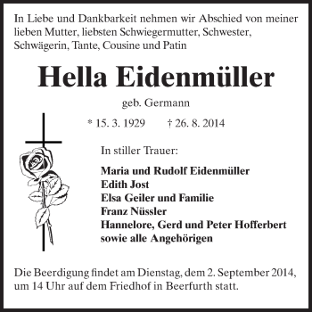 Traueranzeige von Hella Eidenmüller von Echo-Zeitungen (Gesamtausgabe)