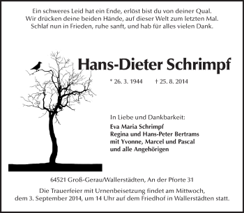 Traueranzeige von Hans-Dieter Schrimpf von Rüsselsheimer Echo, Groß-Gerauer-Echo, Ried Echo