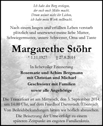 Traueranzeige von Margarethe Stöhr von Echo-Zeitungen (Gesamtausgabe)