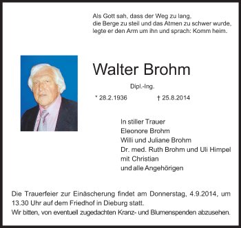 Traueranzeige von Walter Brohm von Echo-Zeitungen (Gesamtausgabe)