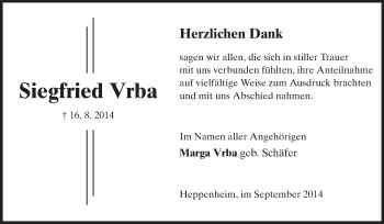 Traueranzeige von Siegfried Vrba von Starkenburger Echo