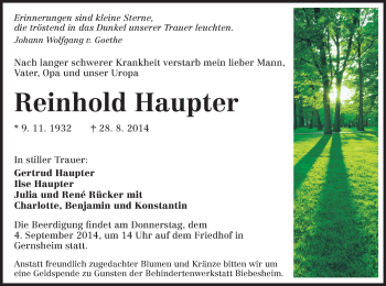 Traueranzeige von Reinhold Haupter von Rüsselsheimer Echo, Groß-Gerauer-Echo, Ried Echo