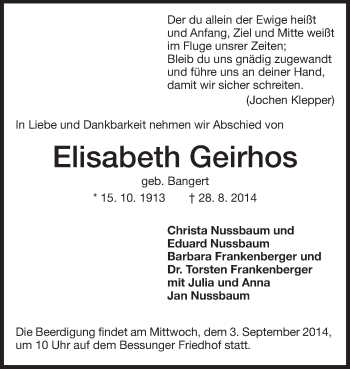 Traueranzeige von Elisabeth Geirhos von Echo-Zeitungen (Gesamtausgabe)