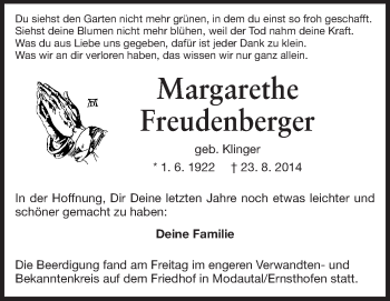 Traueranzeige von Margarethe Freudenberger von Echo-Zeitungen (Gesamtausgabe)