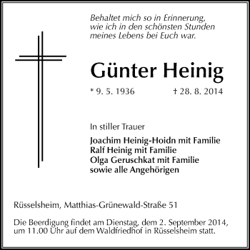 Traueranzeige von Günter Heinig von Rüsselsheimer Echo, Groß-Gerauer-Echo, Ried Echo