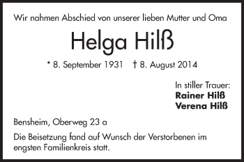 Traueranzeige von Helga Hilß von Echo-Zeitungen (Gesamtausgabe)