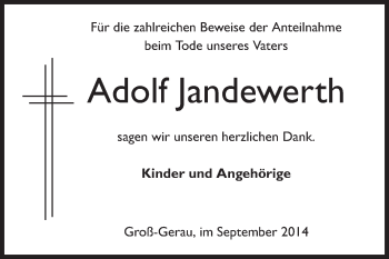 Traueranzeige von Adolf Jandewerth von Rüsselsheimer Echo, Groß-Gerauer-Echo, Ried Echo