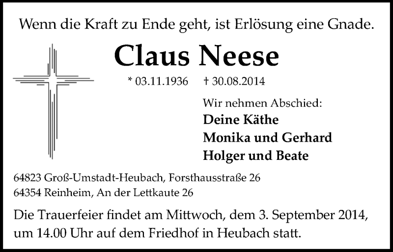  Traueranzeige für Claus Neese vom 02.09.2014 aus Darmstädter Echo, Odenwälder Echo, Rüsselsheimer Echo, Groß-Gerauer-Echo, Ried Echo