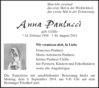 Traueranzeige von Anna Paulucci von Echo-Zeitungen (Gesamtausgabe)