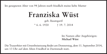 Traueranzeige von Franziska Wüst von Echo-Zeitungen (Gesamtausgabe)