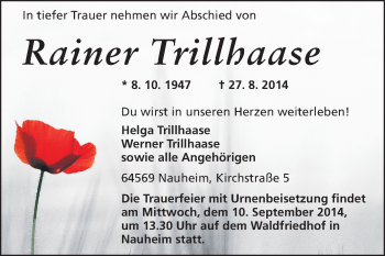 Traueranzeige von Rainer Trillhaase von Rüsselsheimer Echo, Groß-Gerauer-Echo, Ried Echo