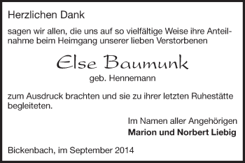 Traueranzeige von Else Baumunk von Echo-Zeitungen (Gesamtausgabe)