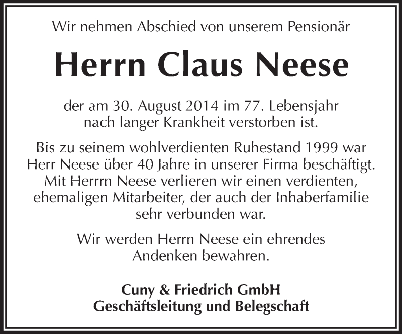  Traueranzeige für Claus Neese vom 02.09.2014 aus Echo-Zeitungen (Gesamtausgabe)