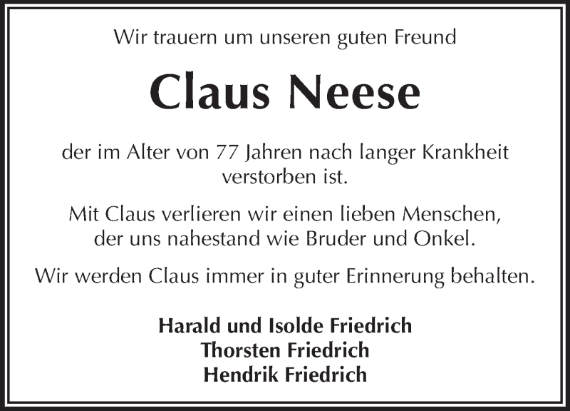  Traueranzeige für Claus Neese vom 02.09.2014 aus Echo-Zeitungen (Gesamtausgabe)