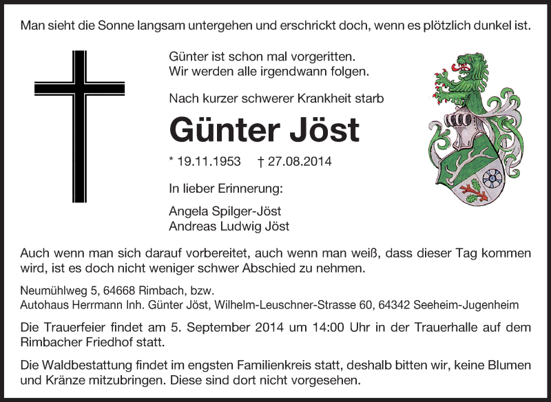  Traueranzeige für Günter Jöst vom 02.09.2014 aus Echo-Zeitungen (Gesamtausgabe)