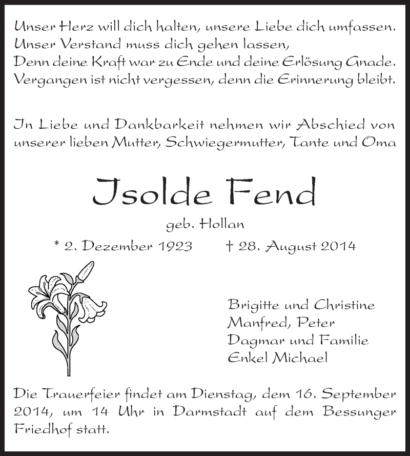  Traueranzeige für Isolde Fend vom 06.09.2014 aus Echo-Zeitungen (Gesamtausgabe)