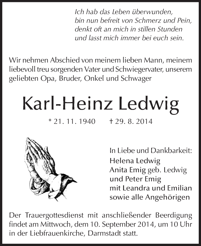  Traueranzeige für Karl-Heinz Ledwig vom 06.09.2014 aus Echo-Zeitungen (Gesamtausgabe)