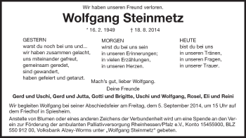 Traueranzeige von Wolfgang Steinmetz von Echo-Zeitungen (Gesamtausgabe)