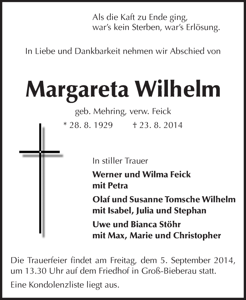  Traueranzeige für Margareta Wilhelm vom 03.09.2014 aus Echo-Zeitungen (Gesamtausgabe)