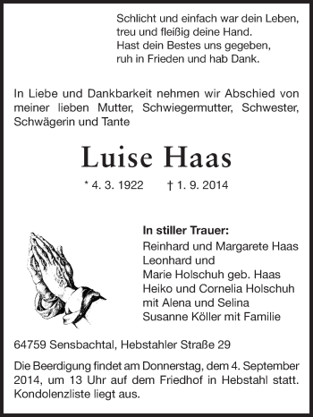 Traueranzeige von Luise Haas von Odenwälder Echo