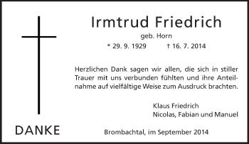 Traueranzeige von lrmtrud Friedrich von Odenwälder Echo