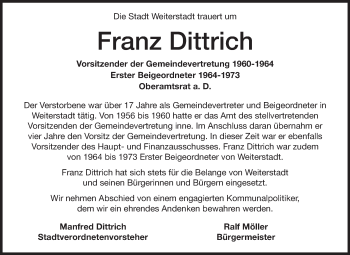 Traueranzeige von Franz Dittrich von Echo-Zeitungen (Gesamtausgabe)