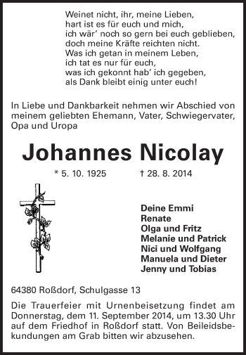 Traueranzeige von Johannes Nicolay von Echo-Zeitungen (Gesamtausgabe)