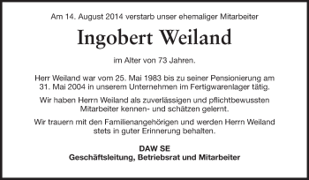 Traueranzeige von Ingobert Weiland von Echo-Zeitungen (Gesamtausgabe)