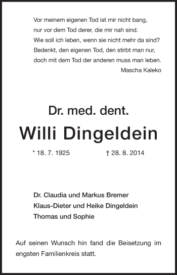 Traueranzeige von Willi Dingeldein von Echo-Zeitungen (Gesamtausgabe)